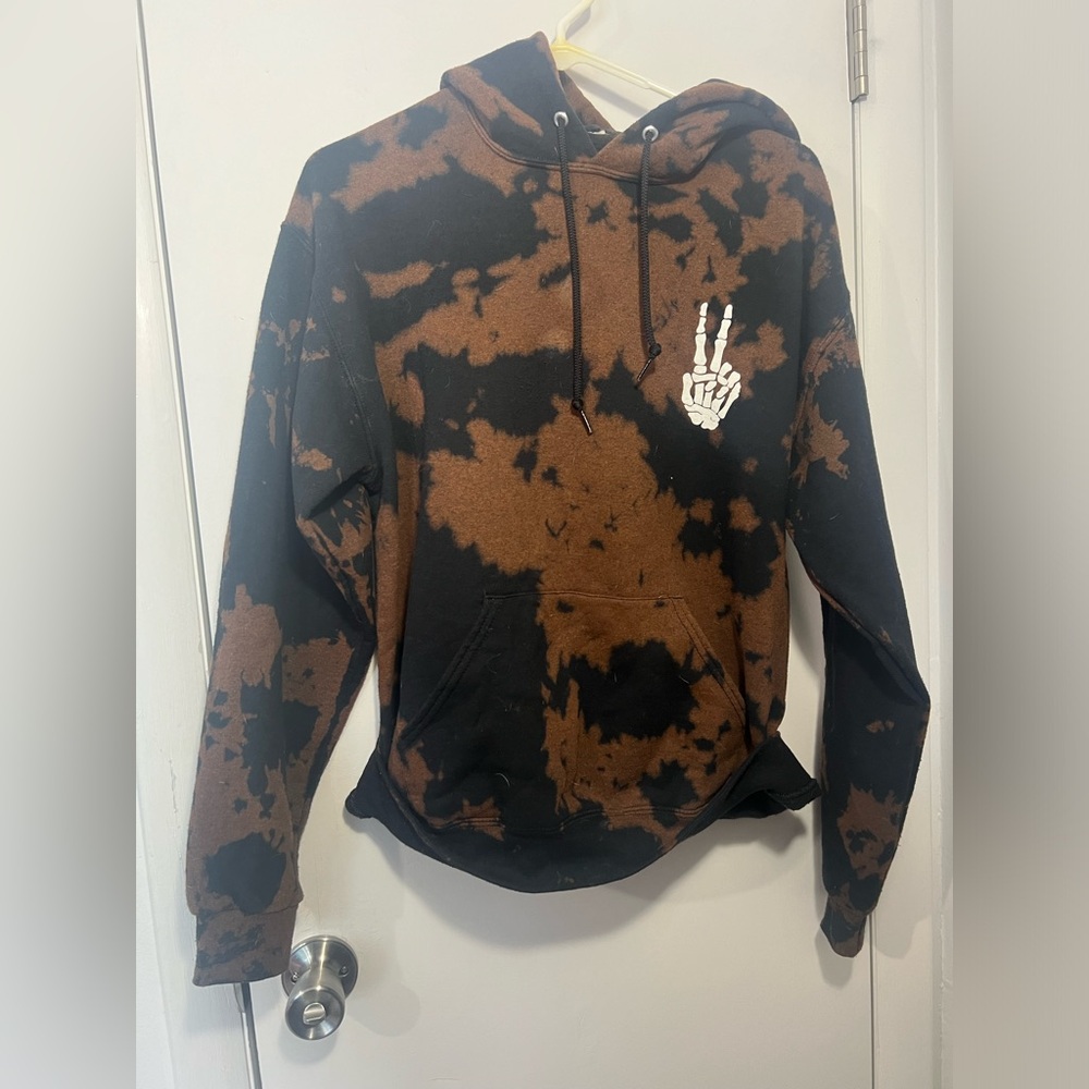 Brown and Black Tie-Dye Hoodie with Skeleton Hand Design